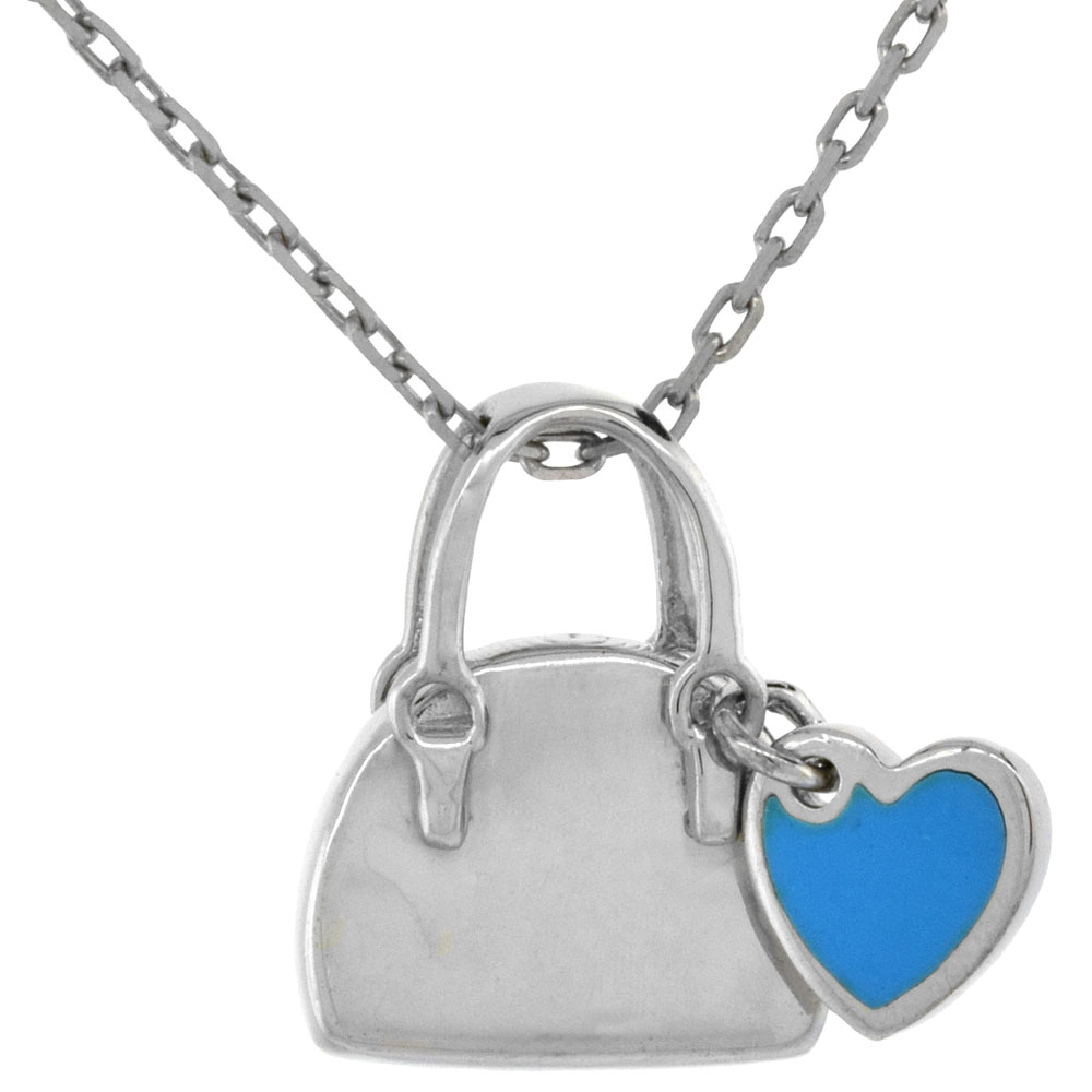 STERLING SILVER TINY PURSE NECKLACE BLUE HEART ACCENT, 18 INCHES LONG + 1 INCH EXTENSION