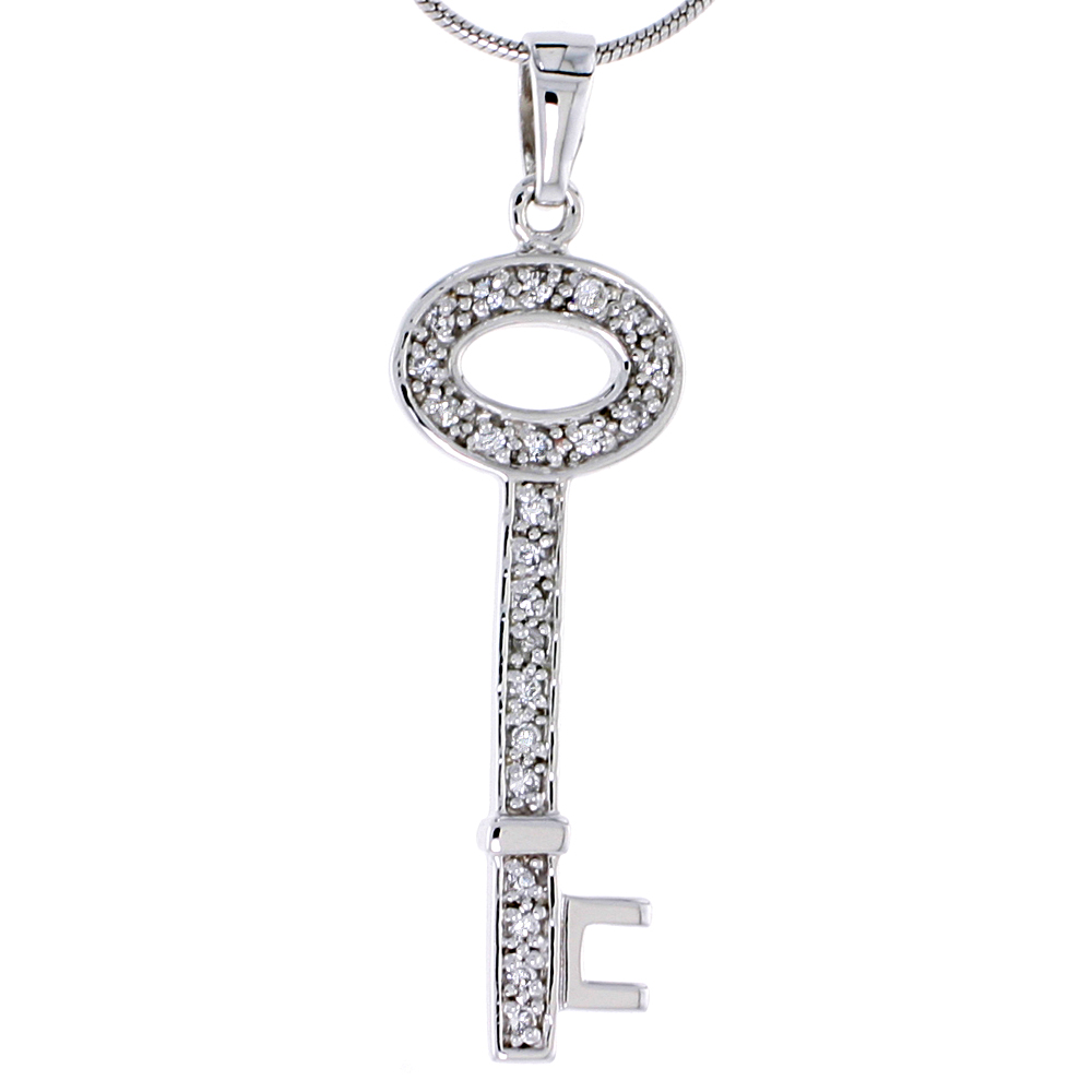 STERLING SILVER JEWELED KEY PENDANT, W/ CUBIC ZIRCONIA STONES, 1 7/16" (27 MM) TALL