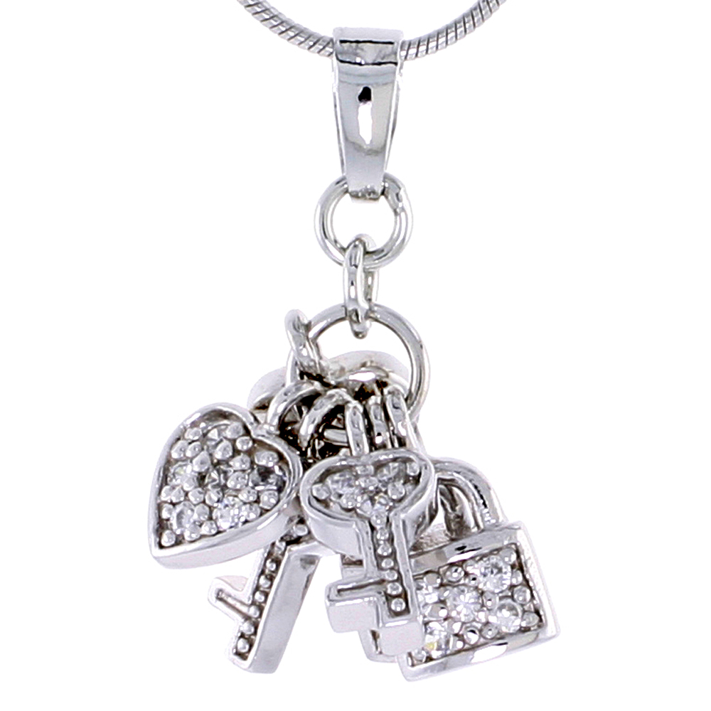 STERLING SILVER JEWELED PENDANT W/ HEART KEY PADLOCK & CUBIC ZIRCONIA, 7/8" (22 MM)