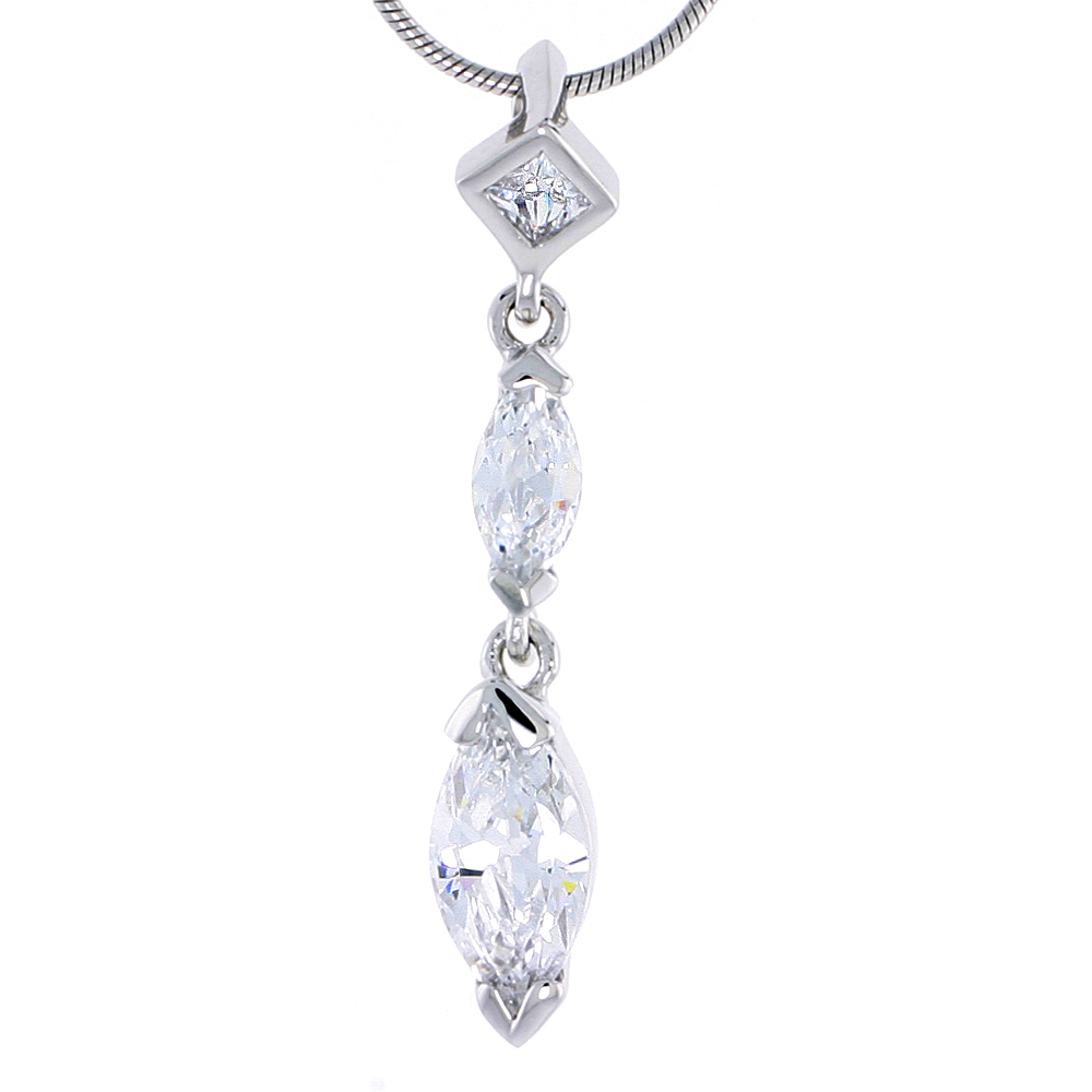 STERLING SILVER JEWELED PENDANT, W/ MARQUISE & SQUARE CUBIC ZIRCONIA, 1 7/16" (36 MM)