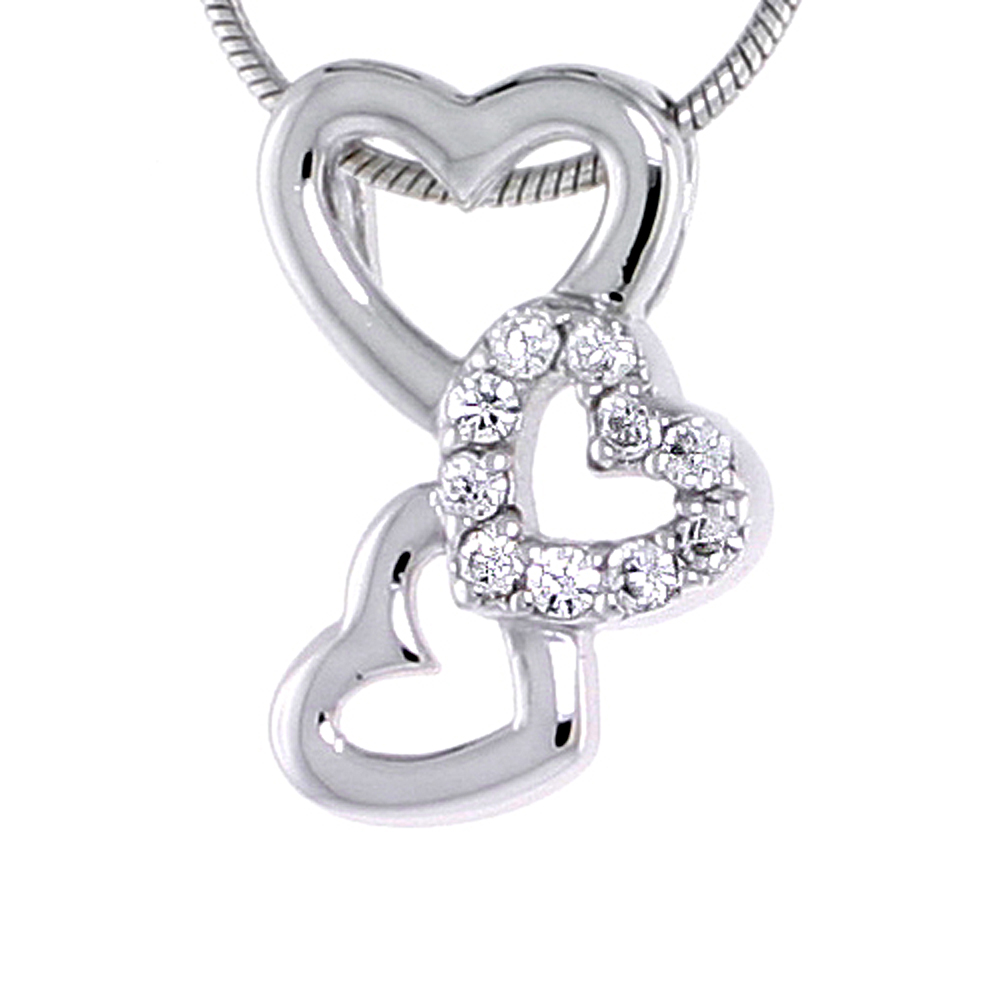 STERLING SILVER JEWELED HEARTS PENDANT, W/ CUBIC ZIRCONIA STONES, 11/16" (18 MM)