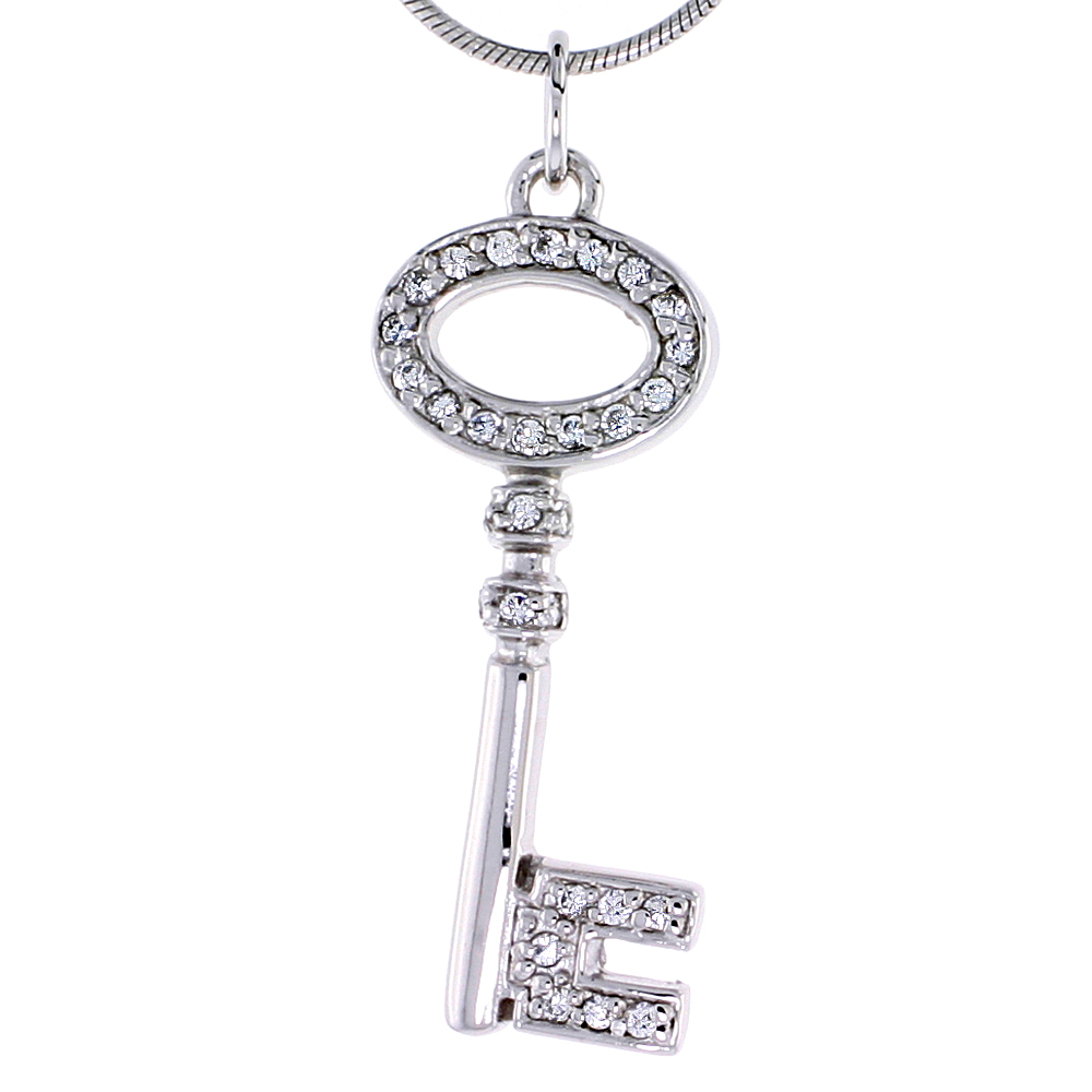 STERLING SILVER JEWELED KEY PENDANT, W/ CUBIC ZIRCONIA STONES, 1 1/4" (32 MM) TALL