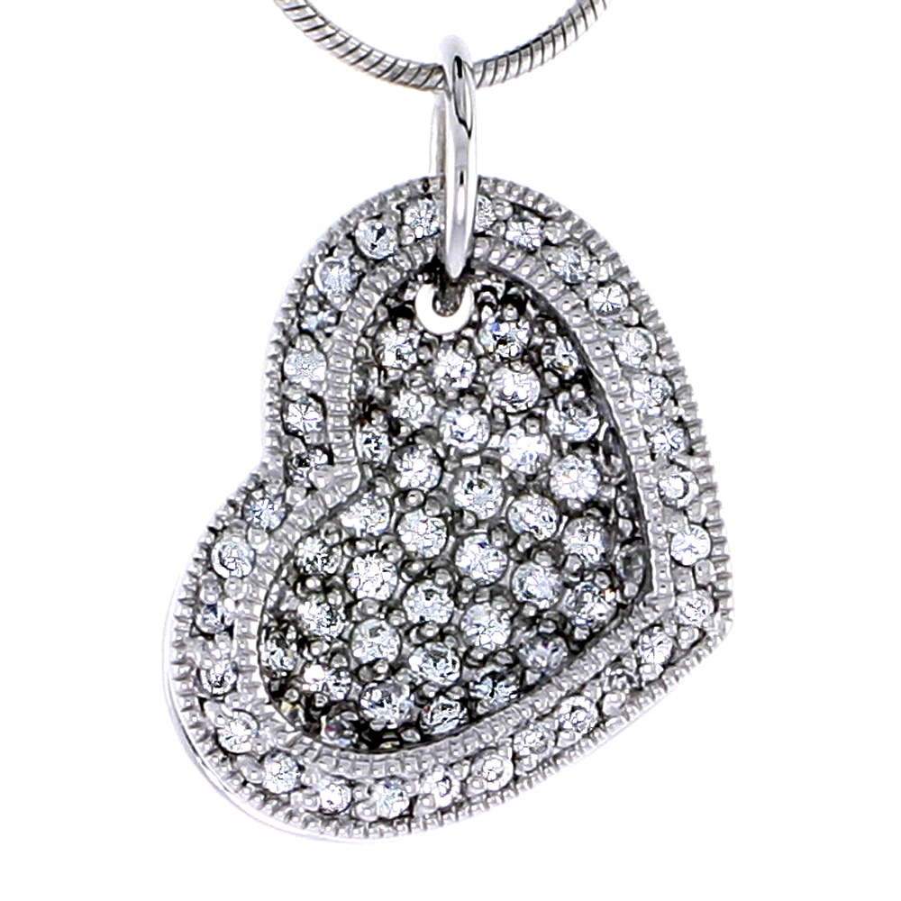 STERLING SILVER JEWELED HEART PENDANT W/ CUBIC ZIRCONIA STONES, 3/4" (19 MM)