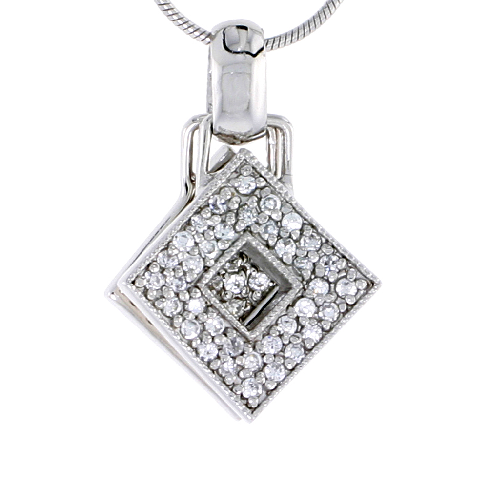 STERLING SILVER JEWELED DIAMOND PENDANT, W/ CUBIC ZIRCONIA STONES, 3/4" (20 MM)