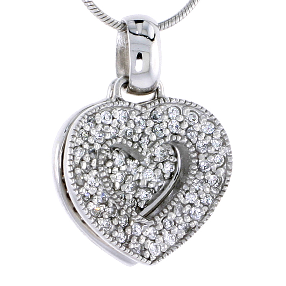 STERLING SILVER JEWELED HEART PENDANT, W/ CUBIC ZIRCONIA STONES, 3/4" (19 MM)