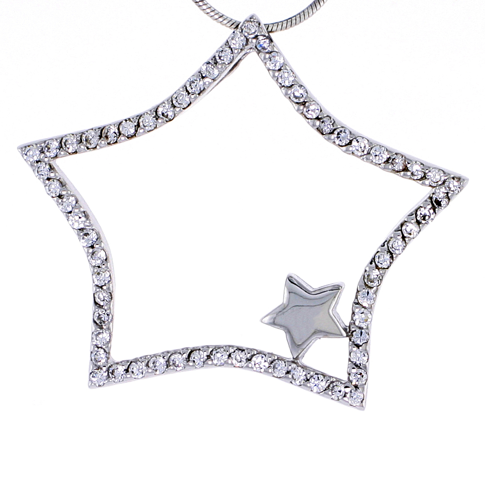 STERLING SILVER JEWELED STAR PENDANT, W/ CUBIC ZIRCONIA STONES, 1 7/16" (36 MM) TALL