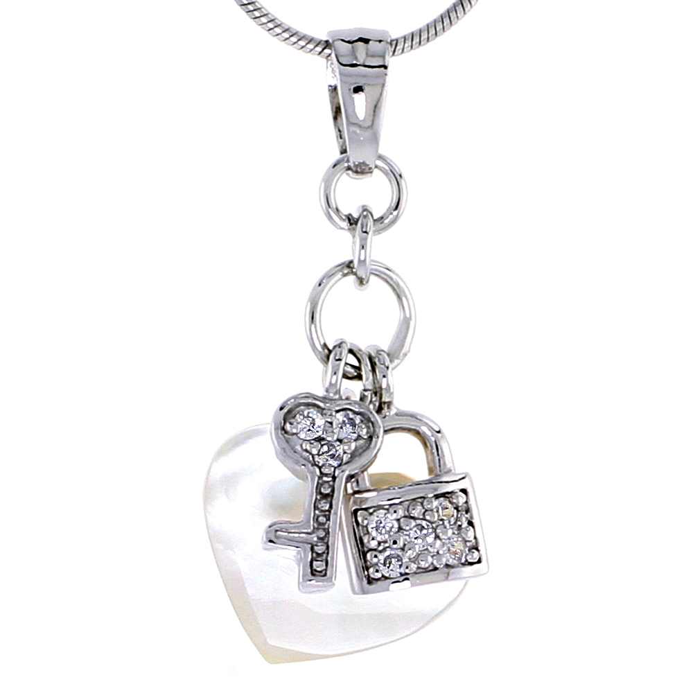 STERLING SILVER MOTHER OF PEARL HEART AND CZ LOCK & KEY PENDANT, 9/16 INCH WIDE
