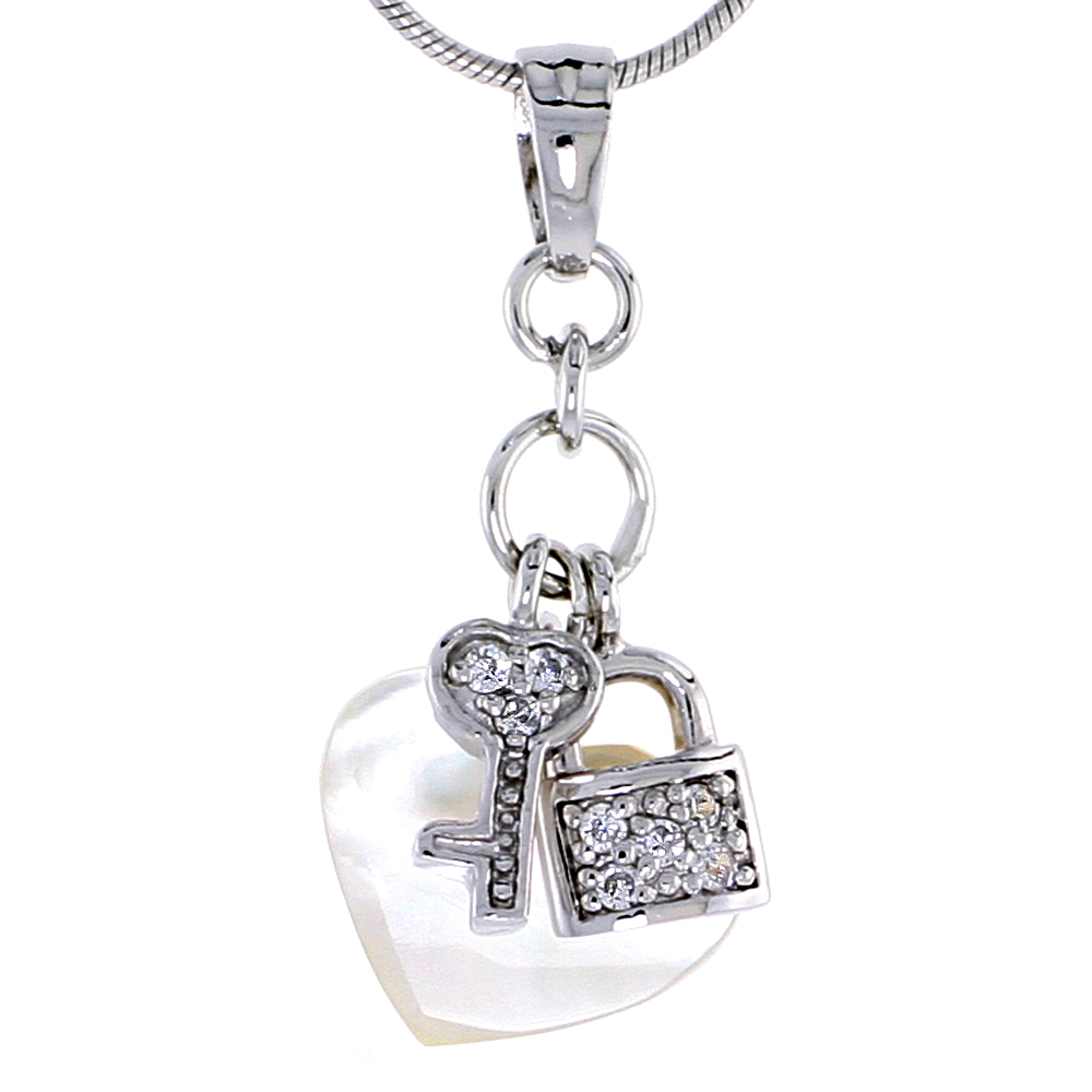 Sterling Silver Mother of Pearl Heart and CZ Lock & Key Pendant, 9/16 inch wide