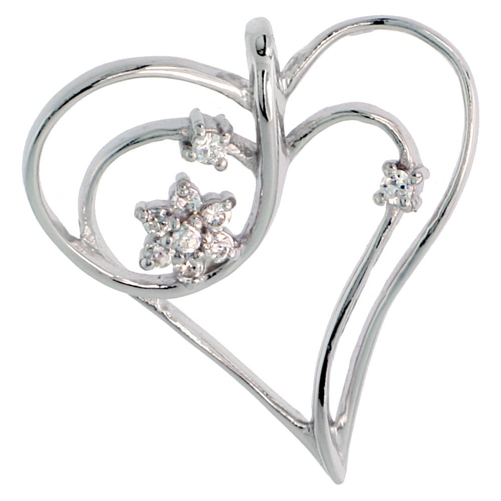 STERLING SILVER JEWELED HEART PENDANT, W/ CUBIC ZIRCONIA STONES, 1 1/8" (29 MM)