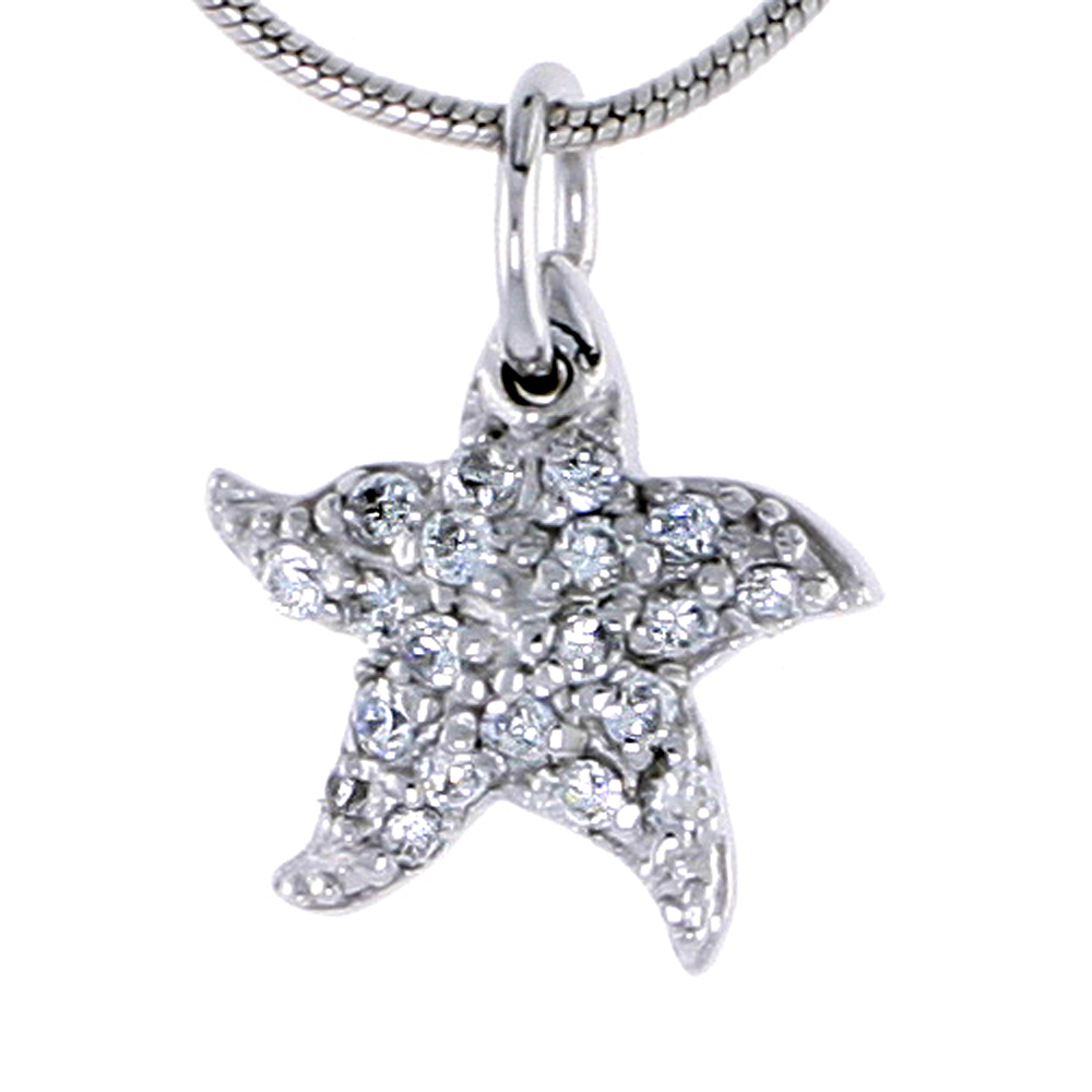 STERLING SILVER JEWELED STARFISH PENDANT, W/ CUBIC ZIRCONIA STONES, 1/2" (13 MM) TALL