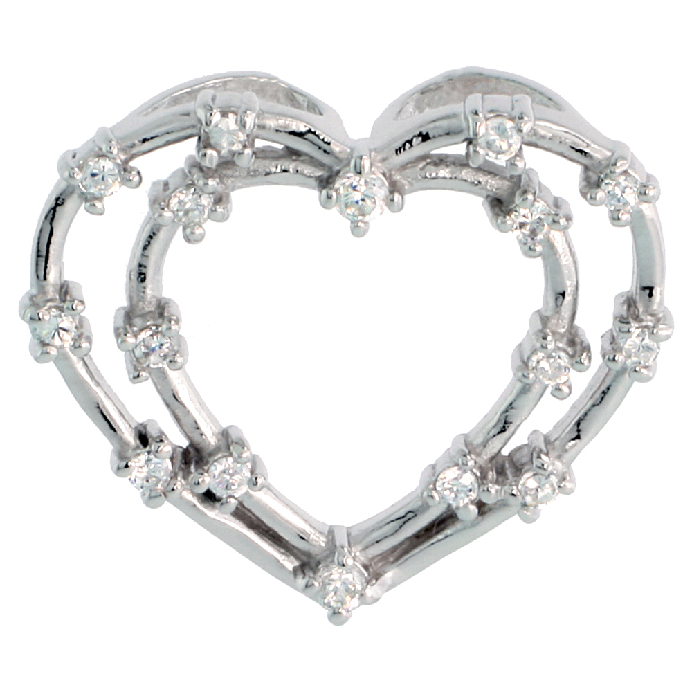STERLING SILVER JEWELED HEART PENDANT, W/ CUBIC ZIRCONIA STONES, 15/16" (23 MM)