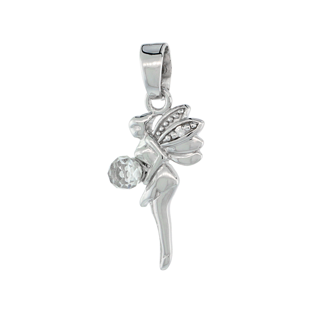STERLING SILVER FAIRY PENDANT WITH CRYSTAL BALL RHODIUM FINISH, 1 1/16 INCH LONG