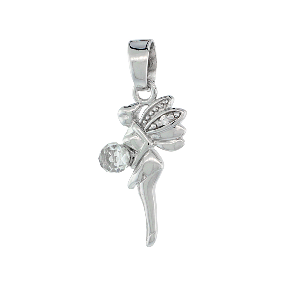 Sterling Silver Fairy Pendant with Crystal Ball Rhodium Finish, 1 1/16 inch long