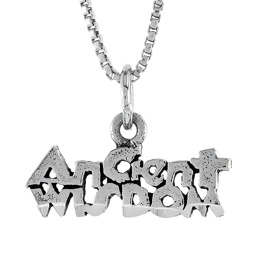 STERLING SILVER ANCIENT WISDOM WORD NECKLACE ON AN 18 INCH BOX CHAIN