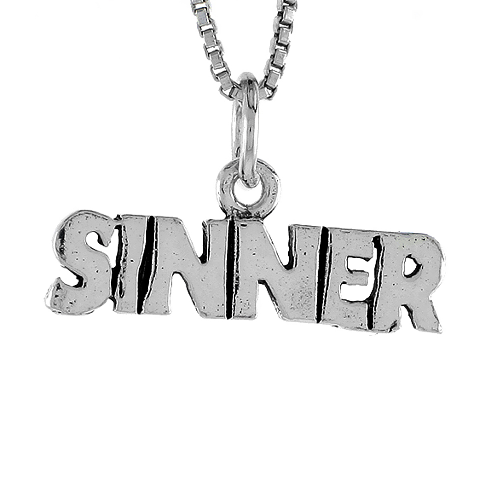STERLING SILVER SINNER WORD NECKLACE ON AN 18 INCH BOX CHAIN