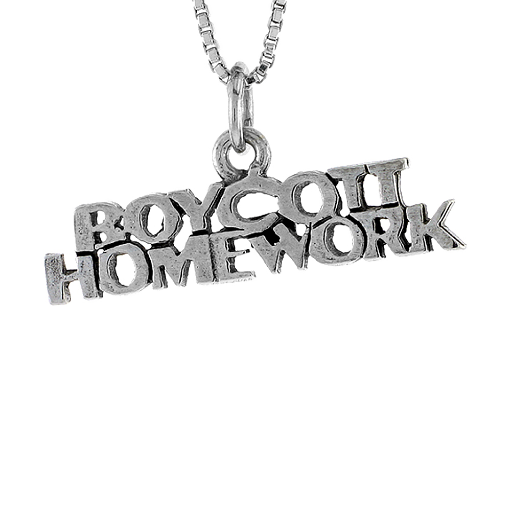 STERLING SILVER BOYCOTT HOMEWORK WORD NECKLACE ON AN 18 INCH BOX CHAIN