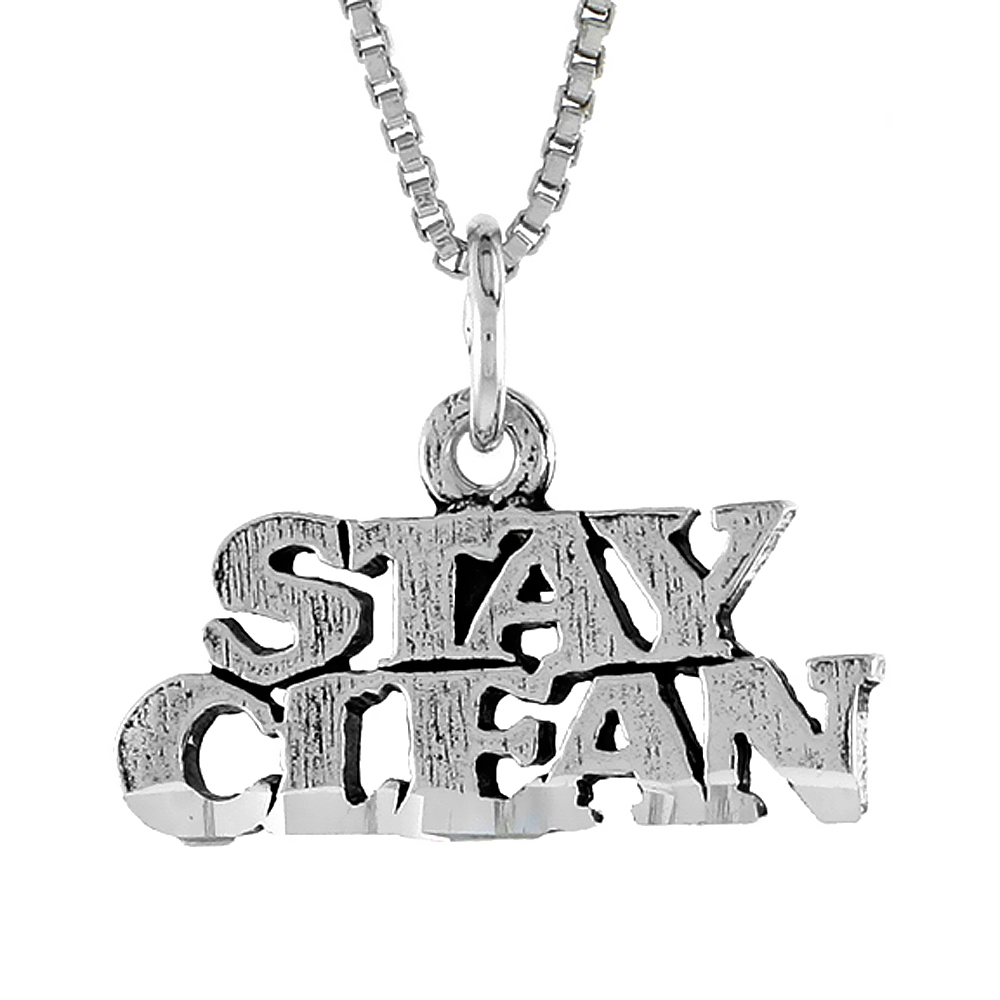 STERLING SILVER STAY CLEAN WORD NECKLACE ON AN 18 INCH BOX CHAIN