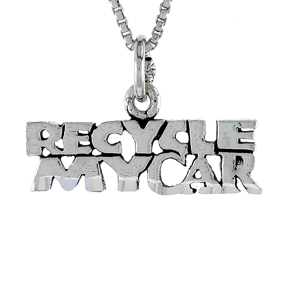 STERLING SILVER RECYCLE MY CAR WORD NECKLACE ON AN 18 INCH BOX CHAIN