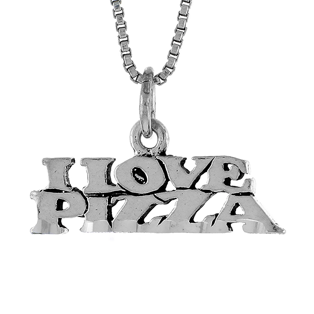 STERLING SILVER I LOVE PIZZA WORD NECKLACE ON AN 18 INCH BOX CHAIN