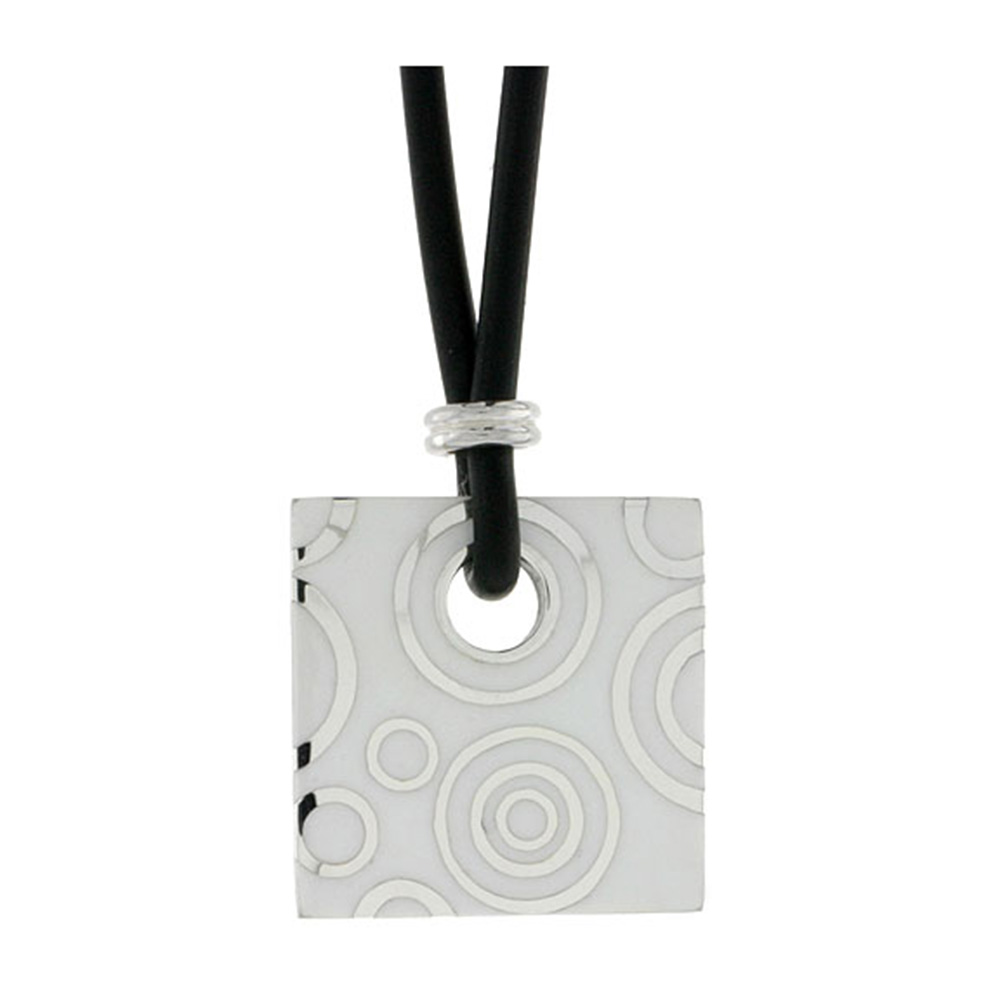 STERLING SILVER CIRCLES PATTERN SQUARE DISC PENDANT ON RUBBER NECKLACE WHITE ENAMEL, 20 INCHES LONG