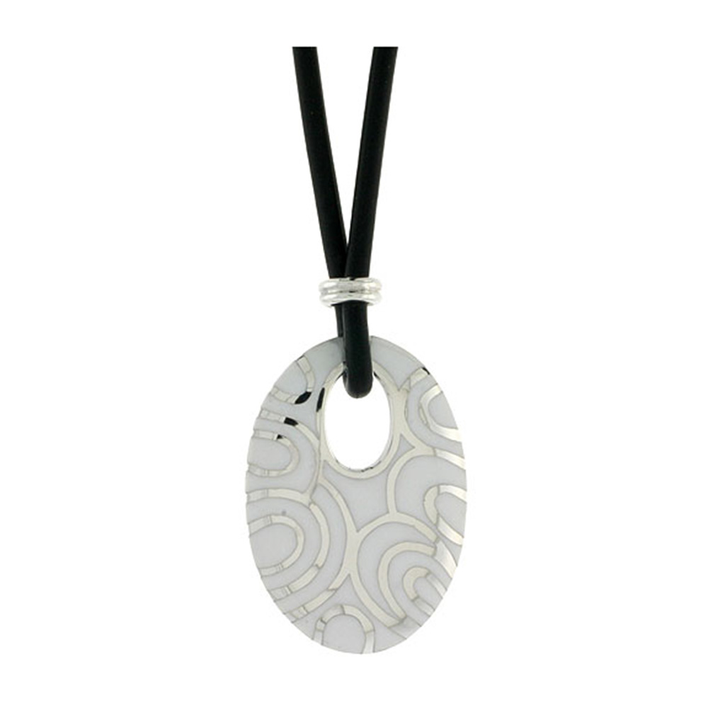 STERLING SILVER OVAL DISC PENDANT ON RUBBER NECKLACE WHITE ENAMEL, 20 INCHES LONG