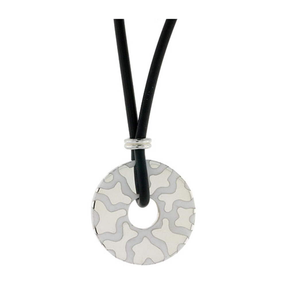 Sterling Silver Abstract Round Disc Pendant on Rubber Necklace White Enamel, 20 inches long