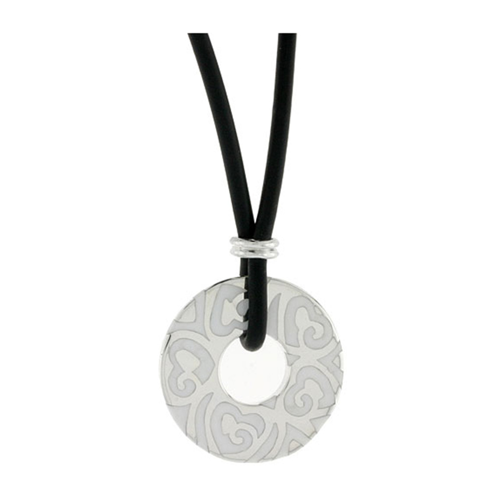 STERLING SILVER HEARTS ROUND DISC PENDANT ON RUBBER NECKLACE WHITE ENAMEL, 20 INCHES LONG