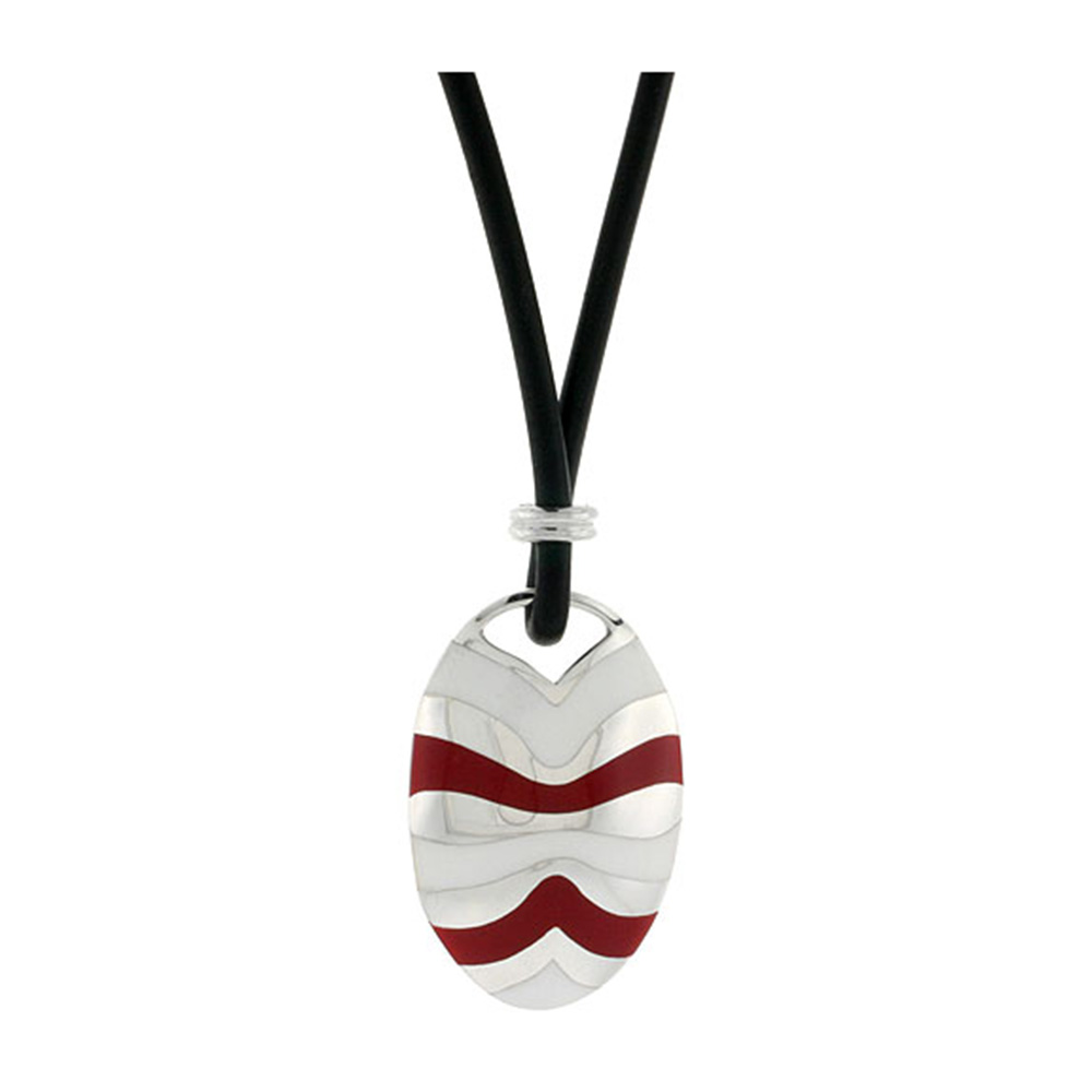 Sterling Silver Curvy Lines Oval Disc Pendant on Rubber Necklace Red & White Enamel, 20 inches long