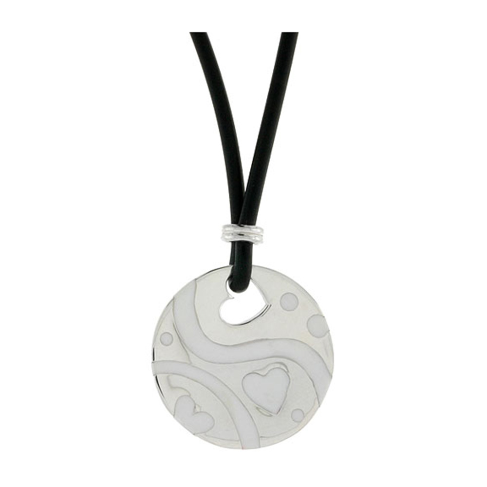 STERLING SILVER HEARTS ROUND DISC PENDANT ON RUBBER NECKLACE WHITE ENAMEL, 20 INCHES LONG