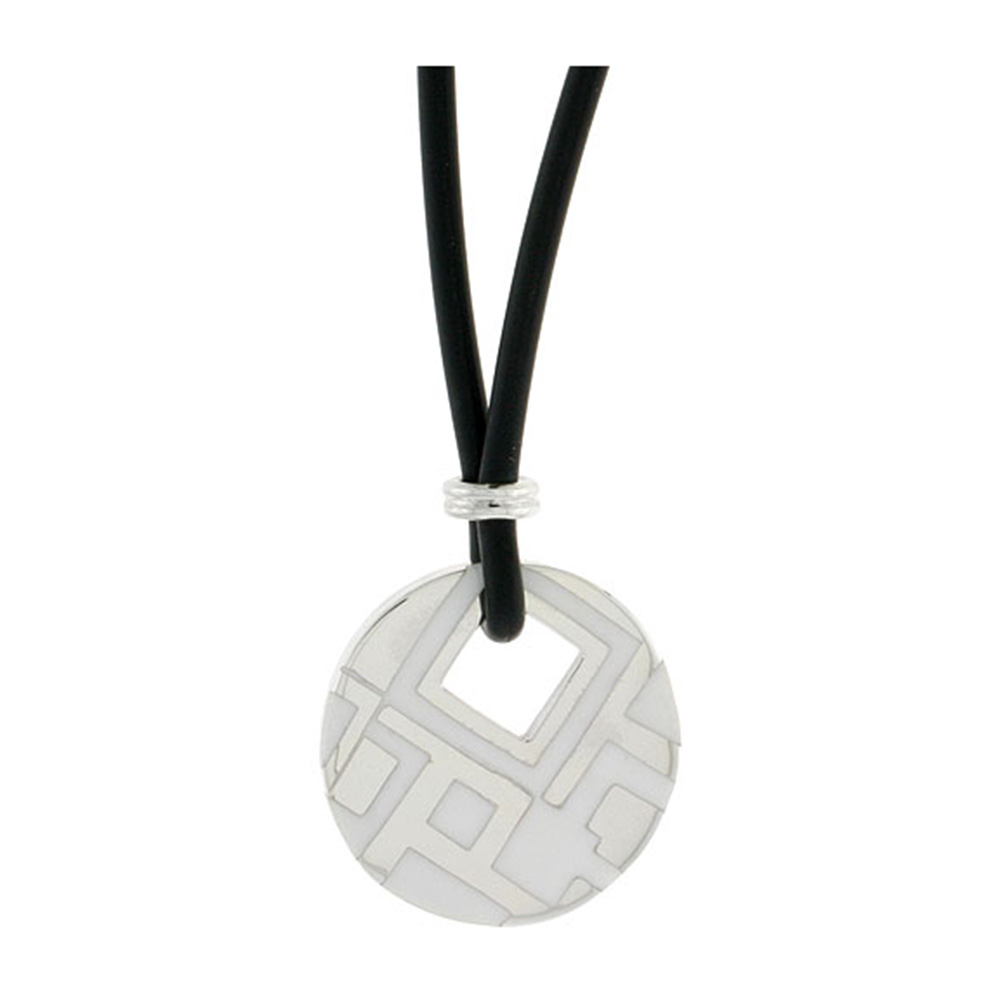 Sterling Silver Geometric Pattern Round Disc Pendant on Rubber Necklace White Enamel, 20 inches long