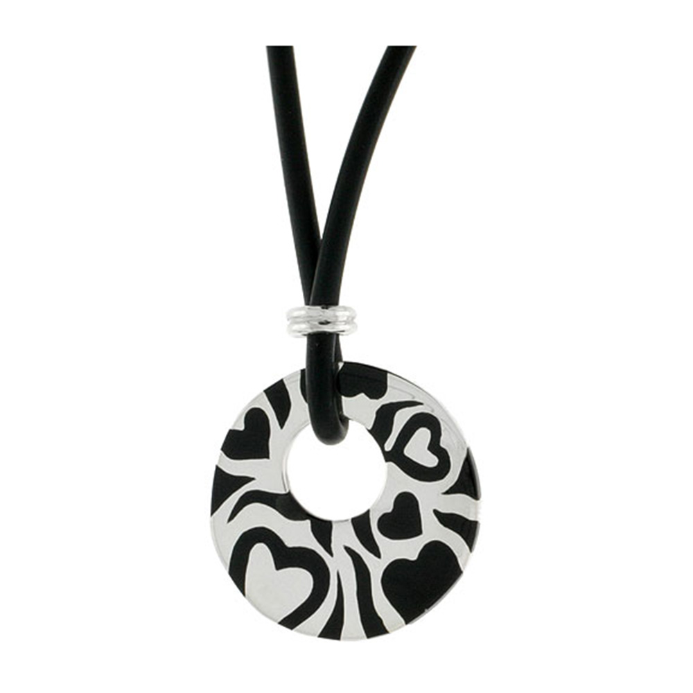 STERLING SILVER HEARTS ROUND DISC PENDANT ON RUBBER NECKLACE BLACK ENAMEL, 20 INCHES LONG