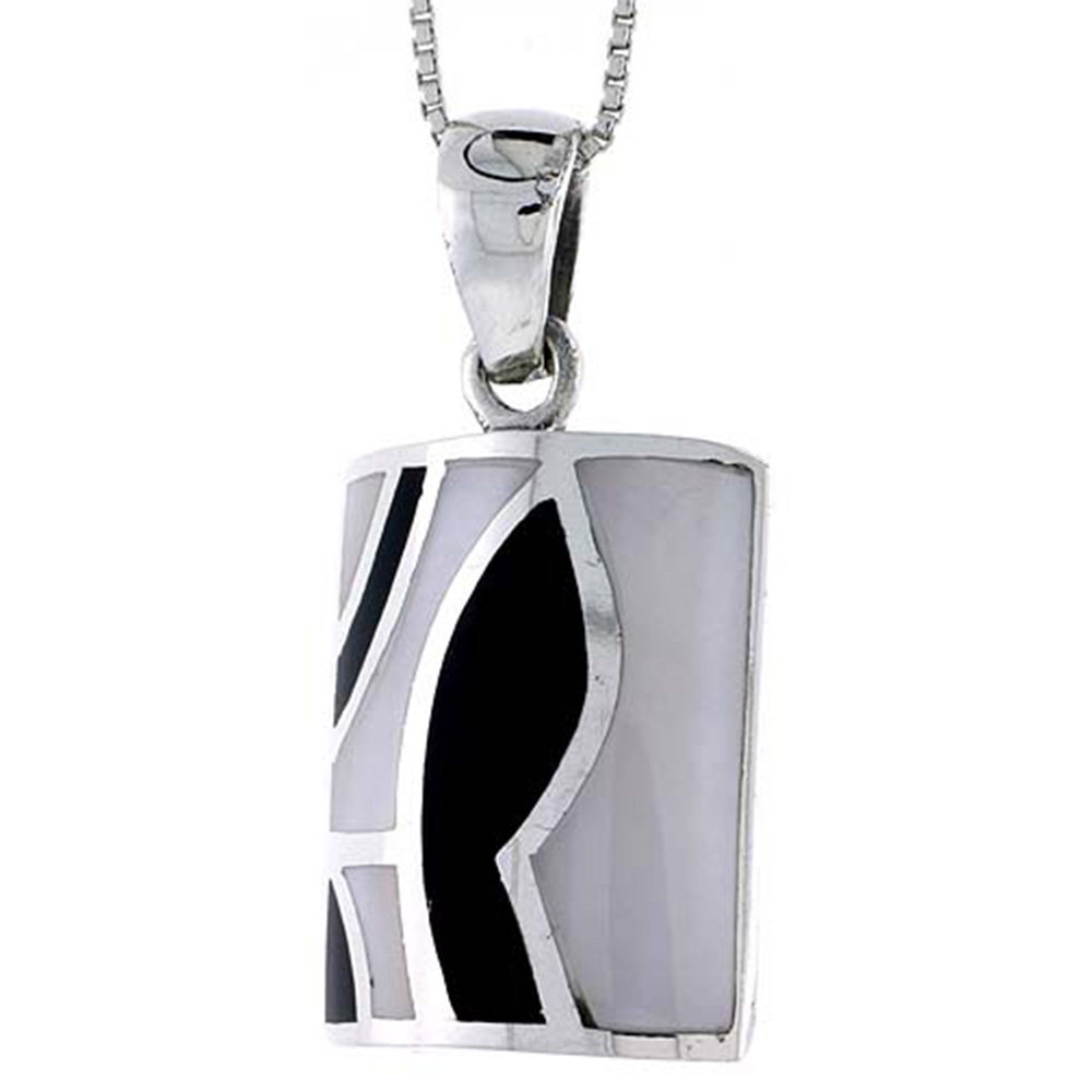 STERLING SILVER RECTANGULAR SHELL SHELL PENDANT, W/ BLACK & WHITE MOTHER OF PEARL INLAY, 1 1/4" (32 MM) TALL& 18" THIN SNAKE CHAIN