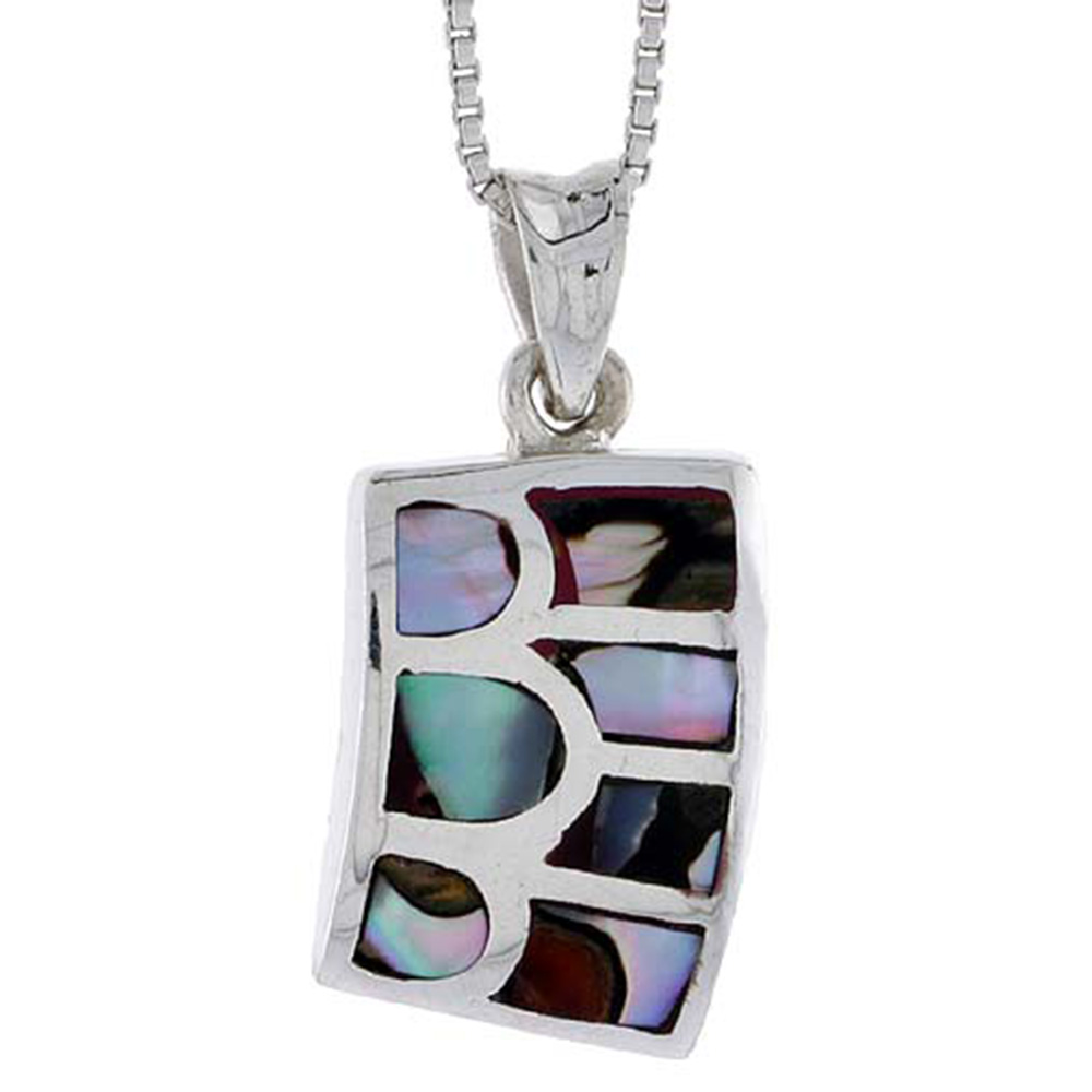 STERLING SILVER STRIPED RECTANGULAR SHELL PENDANT, W/ COLORFUL MOTHER OF PEARL INLAY, 7/8" (22 MM) TALL& 18" THIN SNAKE CHAIN
