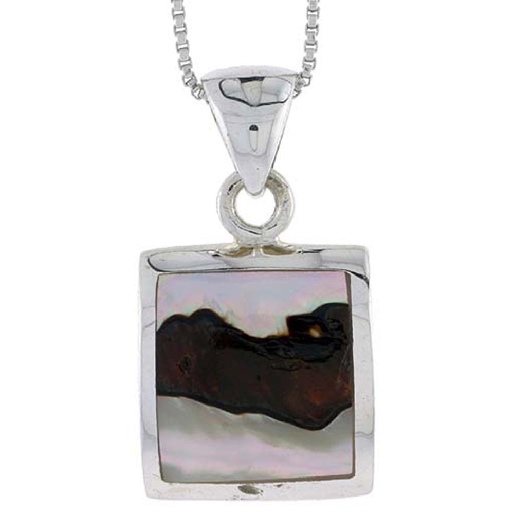 STERLING SILVER SQUARE SHELL PENDANT, W/ COLORFUL MOTHER OF PEARL INLAY, 1" (25 MM) TALL& 18" THIN SNAKE CHAIN