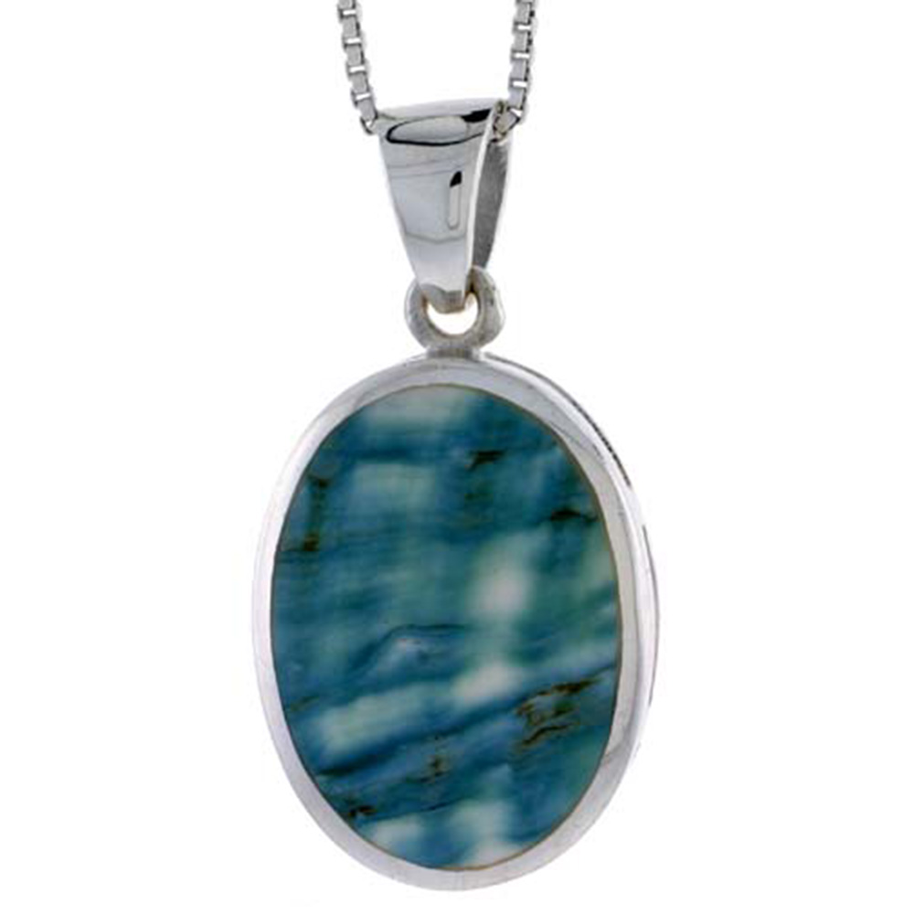 STERLING SILVER OVAL SHELL PENDANT, W/ BLUE-GREEN MOTHER OF PEARL INLAY, 1 1/16" (27 MM) TALL& 18" THIN SNAKE CHAIN