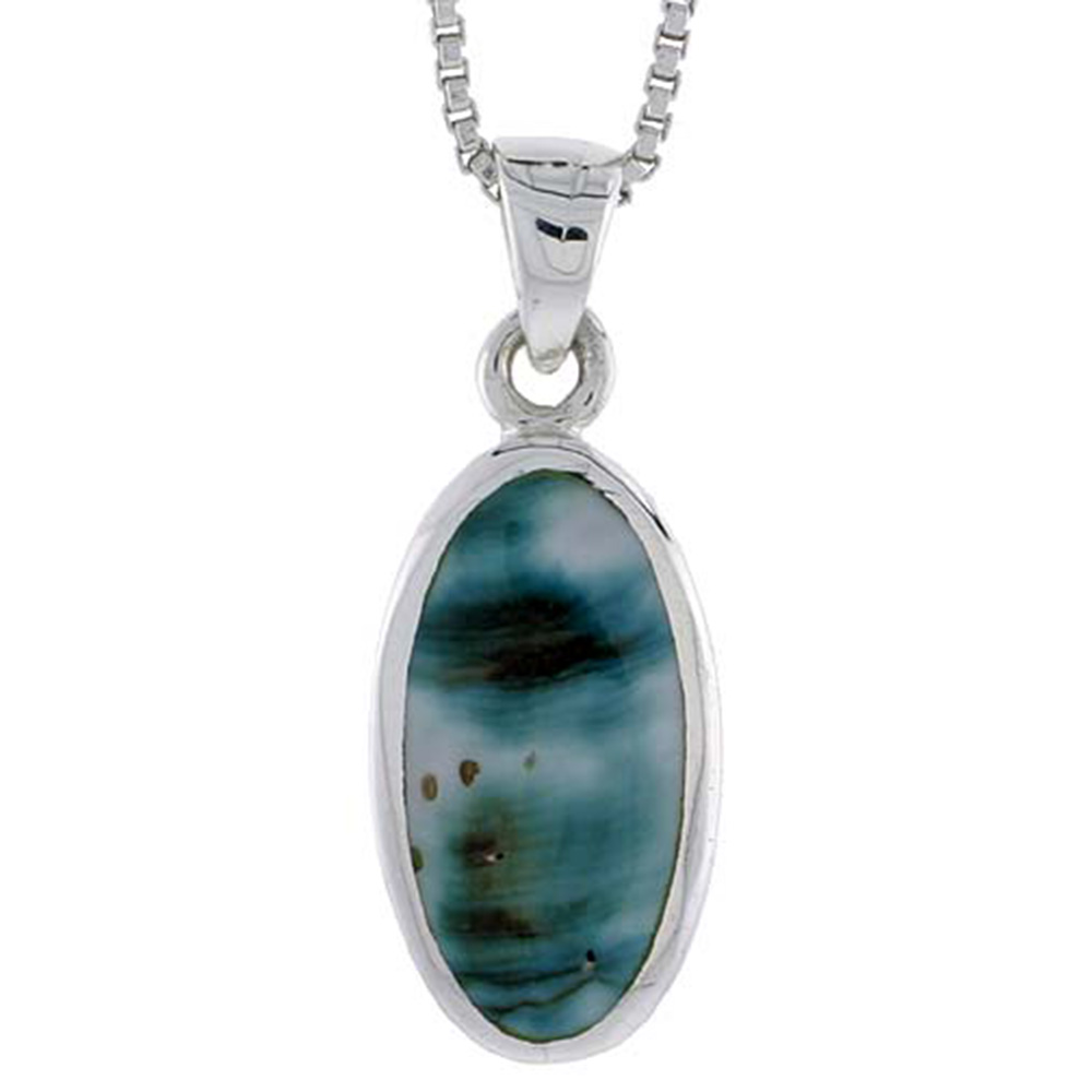STERLING SILVER OVAL SHELL PENDANT, W/ BLUE-GREEN MOTHER OF PEARL INLAY, 7/8" (22 MM) TALL& 18" THIN SNAKE CHAIN