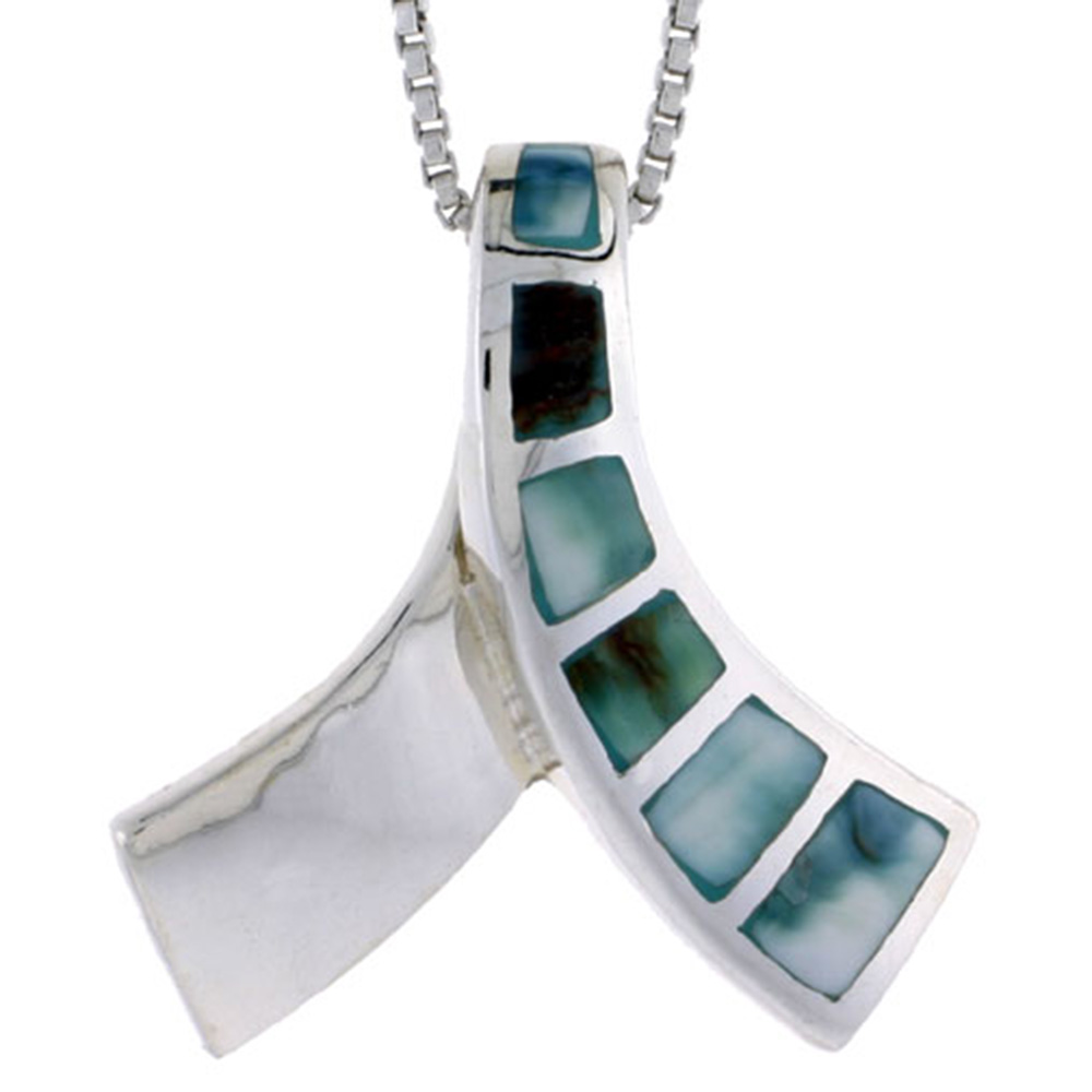 STERLING SILVER KNOT SLIDER SHELL PENDANT, W/ BLUE-GREEN MOTHER OF PEARL INLAY, 1" (25 MM) TALL& 18" THIN SNAKE CHAIN