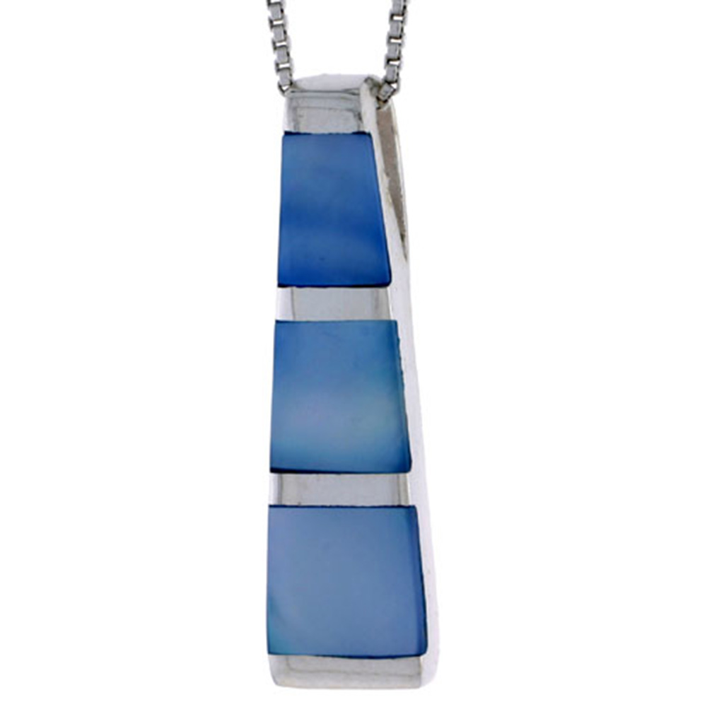 STERLING SILVER TOWER SLIDER SHELL PENDANT, W/ BLUE MOTHER OF PEARL INLAY, 1 3/8" (35 MM) TALL& 18" THIN SNAKE CHAIN