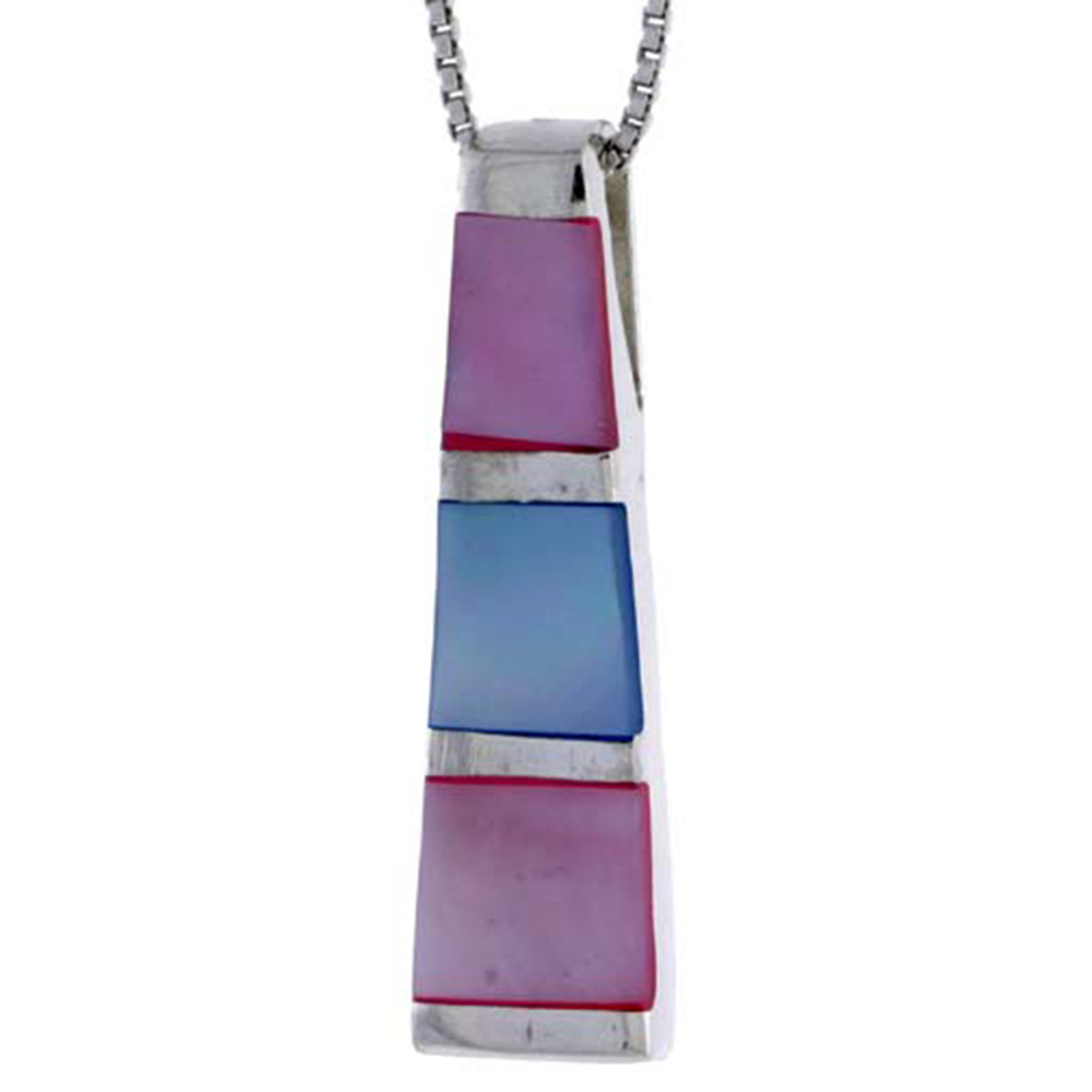 STERLING SILVER TOWER SLIDER SHELL PENDANT, W/ PINK & BLUE MOTHER OF PEARL INLAY, 1 1/16" (27 MM) TALL& 18" THIN SNAKE CHAIN
