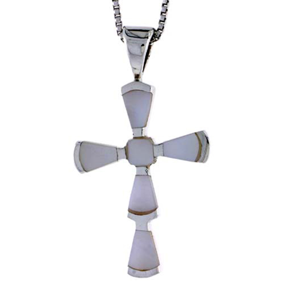 STERLING SILVER FANCY CROSS SHELL PENDANT, W/ PINK MOTHER OF PEARL INLAY, 1 3/16" (30 MM) TALL& 18" THIN SNAKE CHAIN