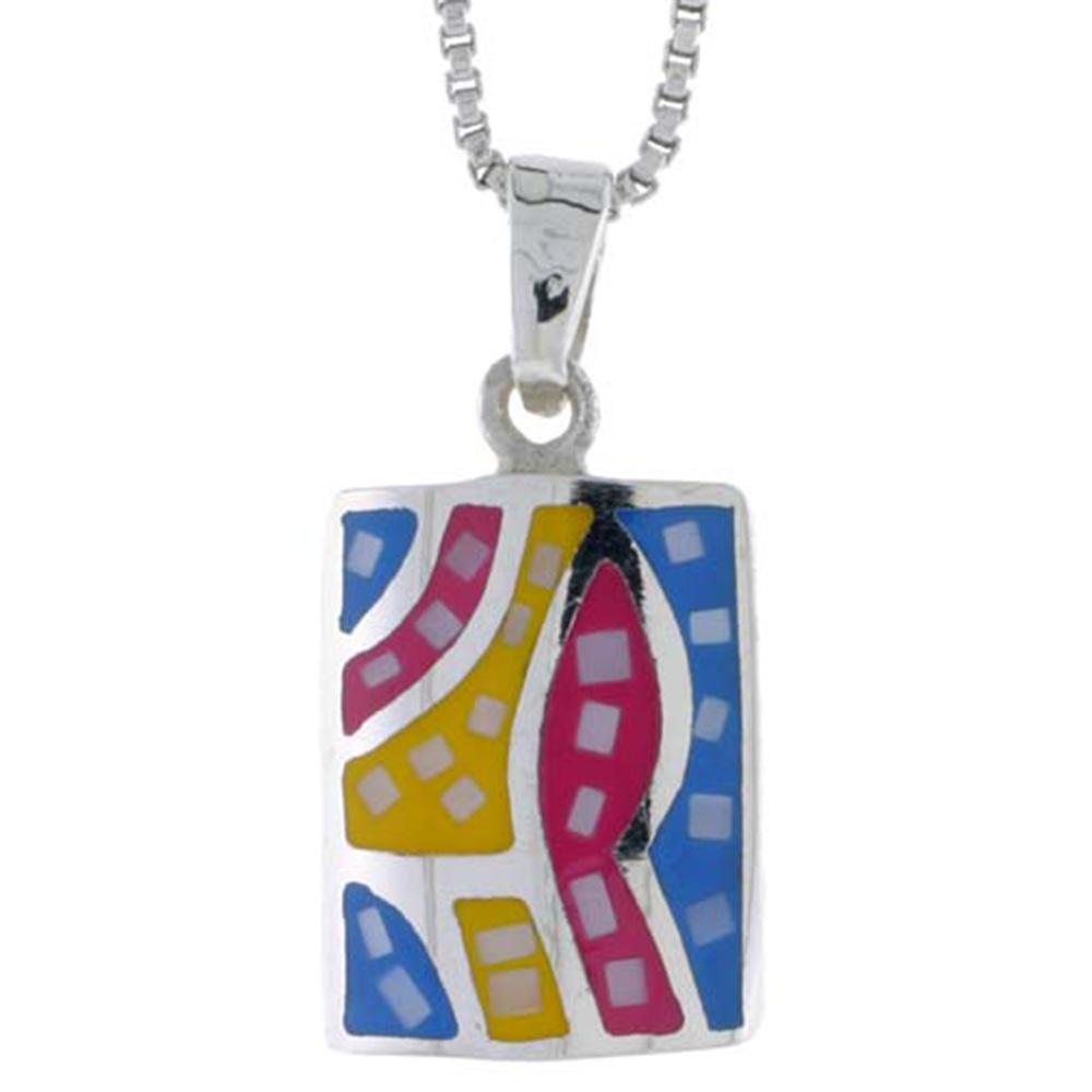STERLING SILVER RECTANGULAR SHELL PENDANT, W/ COLORFUL MOTHER OF PEARL INLAY, 3/4" (20 MM) TALL& 18" THIN SNAKE CHAIN