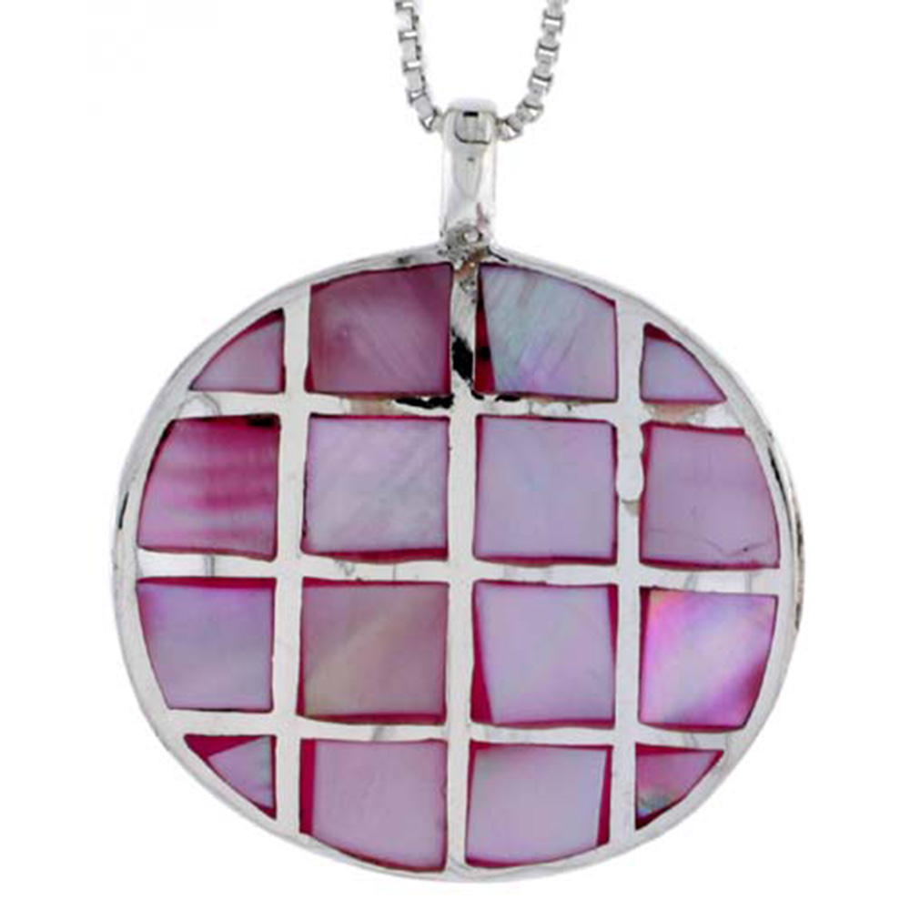 STERLING SILVER CHECKERBOARD DESIGN ROUND SHELL PENDANT, W/ PINK MOTHER OF PEARL INLAY, 1 1/16" (27 MM)& 18" THIN SNAKE CHAIN