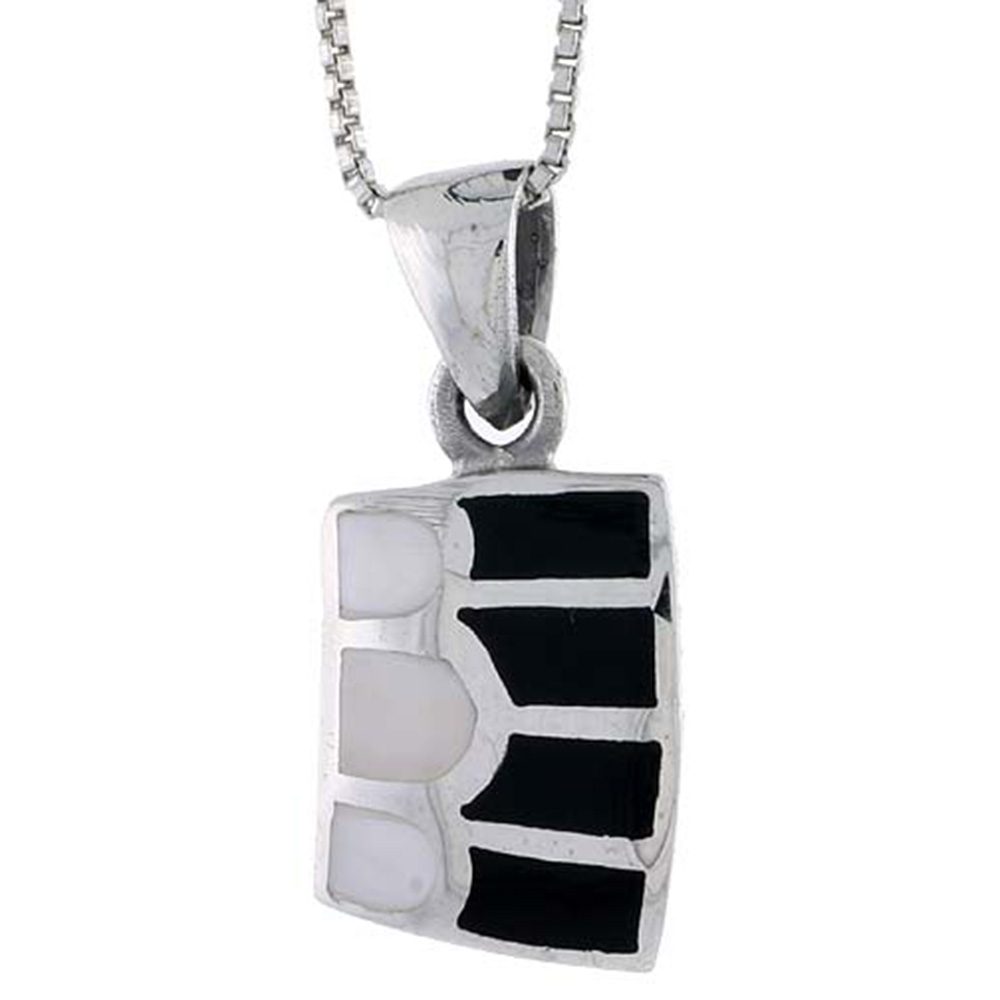 STERLING SILVER STRIPED RECTANGULAR SHELL PENDANT, W/ BLACK & WHITE MOTHER OF PEARL INLAY, 7/8" (22 MM) TALL& 18" THIN SNAKE CHAIN
