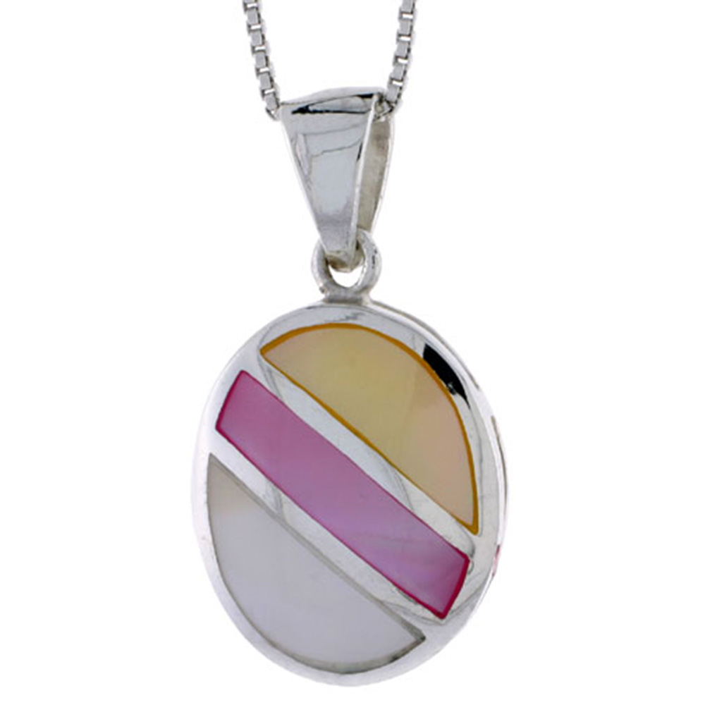 STERLING SILVER STRIPED OVAL SHELL PENDANT, W/ YELLOW, PINK & BLUE MOTHER OF PEARL INLAY, 1 1/16" (27 MM) TALL& 18" THIN SNAKE CHAIN