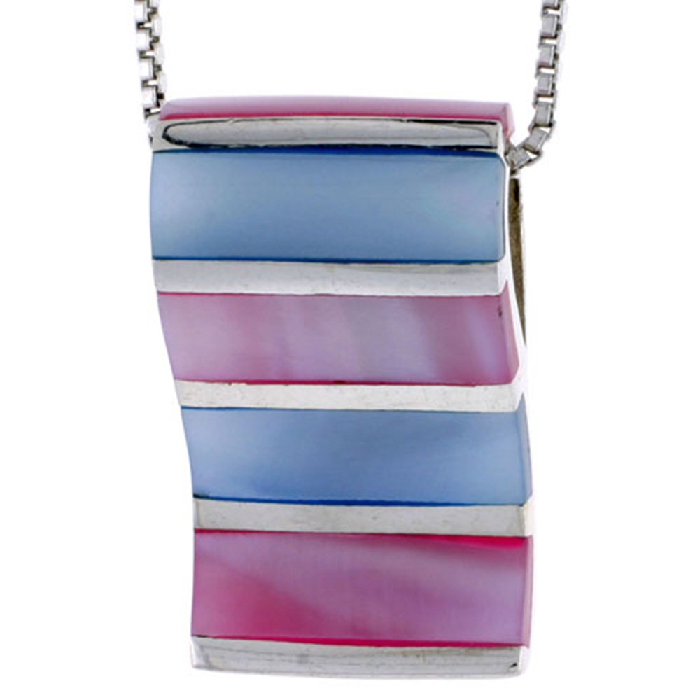STERLING SILVER STRIPED RECTANGULAR SLIDER SHELL PENDANT, W/ PINK & BLUE MOTHER OF PEARL INLAY, 1" (26 MM) TALL& 18" THIN SNAKE CHAIN