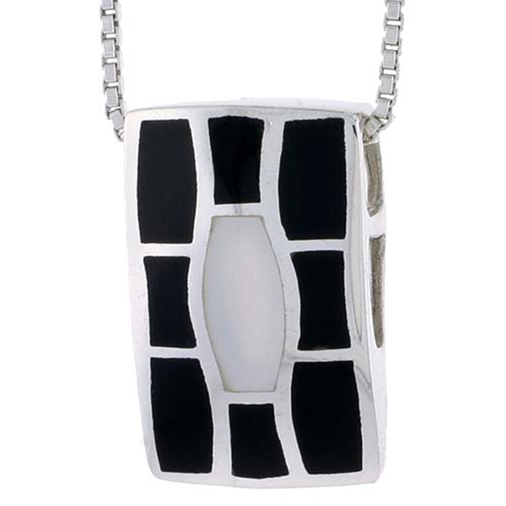 STERLING SILVER RECTANGULAR SLIDER SHELL PENDANT, W/ BLACK & WHITE MOTHER OF PEARL INLAY, 13/16" (21 MM) TALL& 18" THIN SNAKE CHAIN
