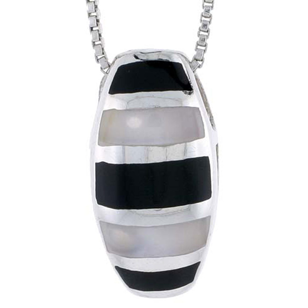 STERLING SILVER STRIPED OVAL SLIDER SHELL PENDANT, W/ BLACK & WHITE MOTHER OF PEARL INLAY, 15/16" (24 MM) TALL& 18" THIN SNAKE CHAIN