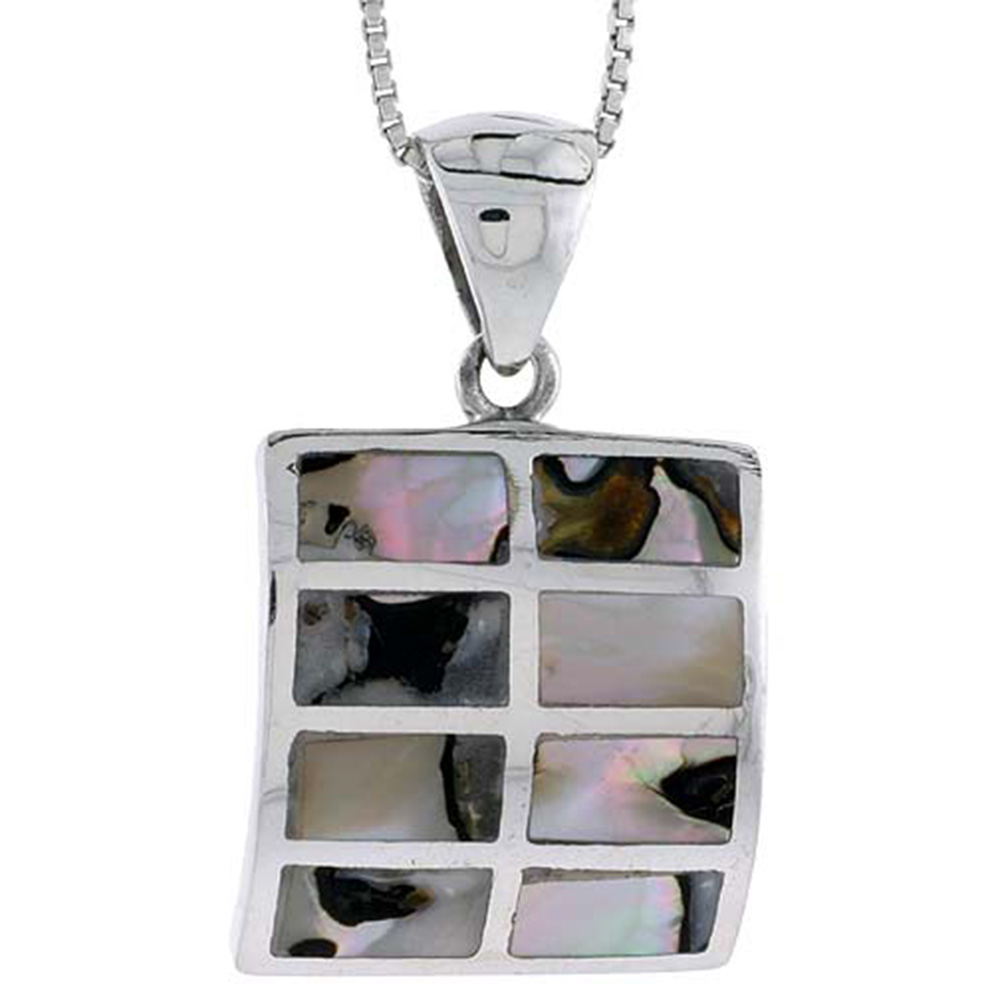 STERLING SILVER SQUARE SHELL PENDANT, W/ COLORFUL MOTHER OF PEARL INLAY, 1 1/16" (26 MM) TALL& 18" THIN SNAKE CHAIN