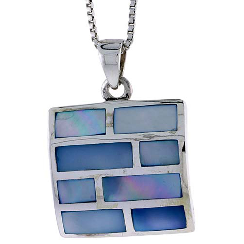 STERLING SILVER SQUARE SHELL PENDANT, W/ COLORFUL MOTHER OF PEARL INLAY, 1 1/16" (26 MM) TALL& 18" THIN SNAKE CHAIN