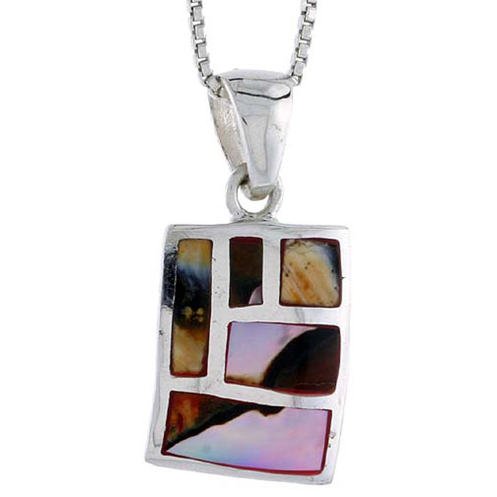 STERLING SILVER RECTANGULAR SHELL PENDANT, W/ COLORFUL MOTHER OF PEARL INLAY, 7/8" (22 MM) TALL& 18" THIN SNAKE CHAIN
